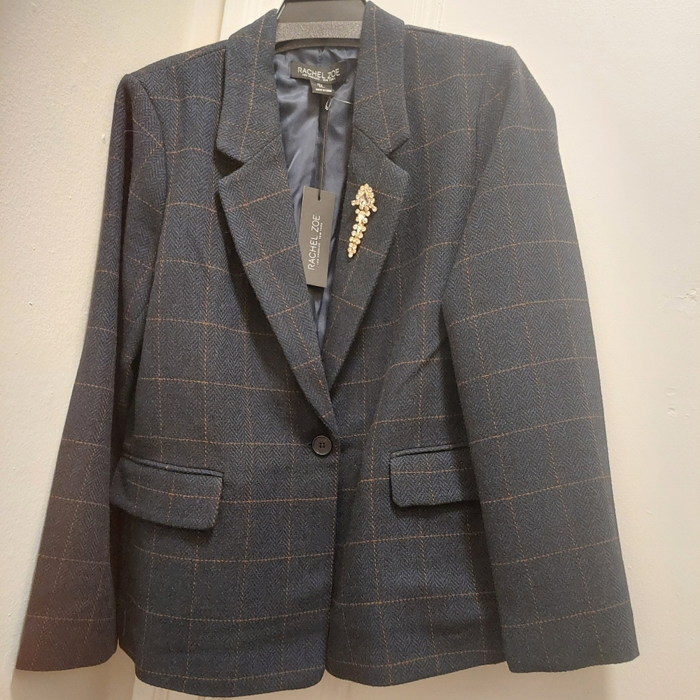 Beautiful Rare Rachel Zoe Blue Windowpane Print Blazer NWT Sz L